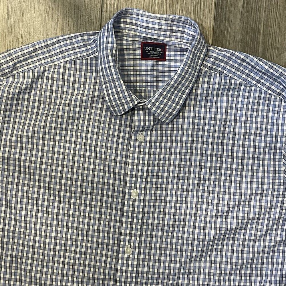 Untuckit Button Up Shirt Men's XXL Blue Slim Fit Checkered Business Short Sleeve